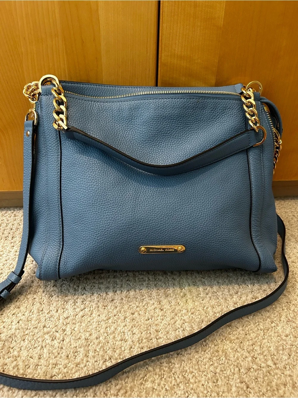 Michael Kors Dusty Blue Pebbled Leather Shoulder Bag with Gold Hardware